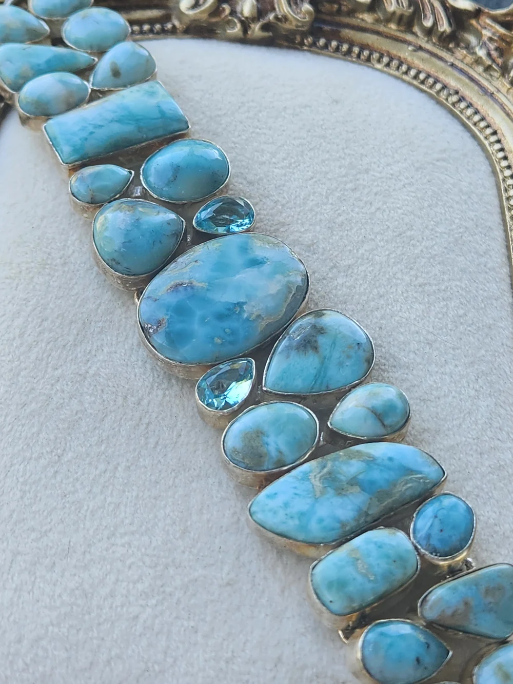 925 Sterling Silver Larimar Blue Topaz Chunky Statement Link Bracelet Boho